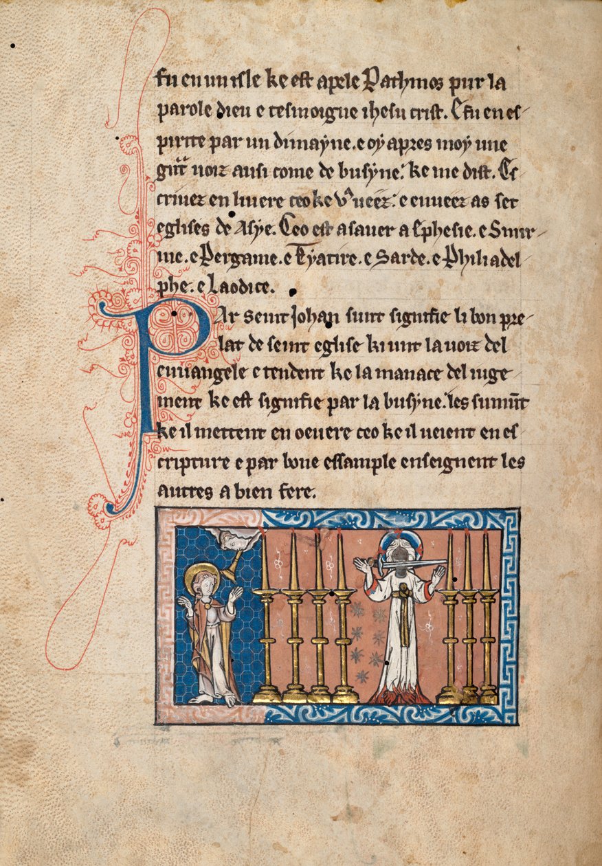 Ms65 f3v, Comentário sobre o Apocalipse de São João, final do século 13 (caneta e tinta e têmpera sobre velino) de French School
