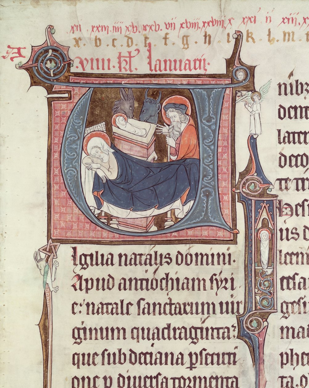 Ms.838 fol.55 Iniciativas historiadas U e eu descrevendo a Natividade e o Menino Jesus, de Obituaire de Notre Dame de Pres, depois de 1270 (ver também 155905) de French School