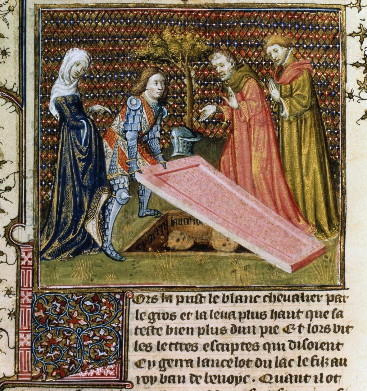 Ms.Fr.118 f.190 Lancelot tira a pedra de seu próprio sepulcro predestinado e aprende seu nome e parentesco, do Livre de Messire Lancelot du Lac de French School