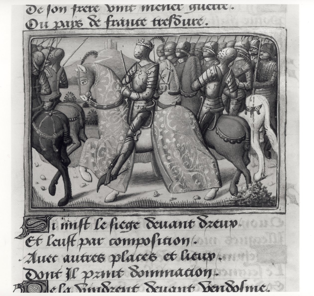 Ms.Fr.5054 fol.26 r Charles VII (1403-61) e Joana d&39;Arc no cerco de Dreux, de Les Vigiles de Charles VII por Martial d&39;Auvergne ou de Paris (1430-1508) 1484 de French School