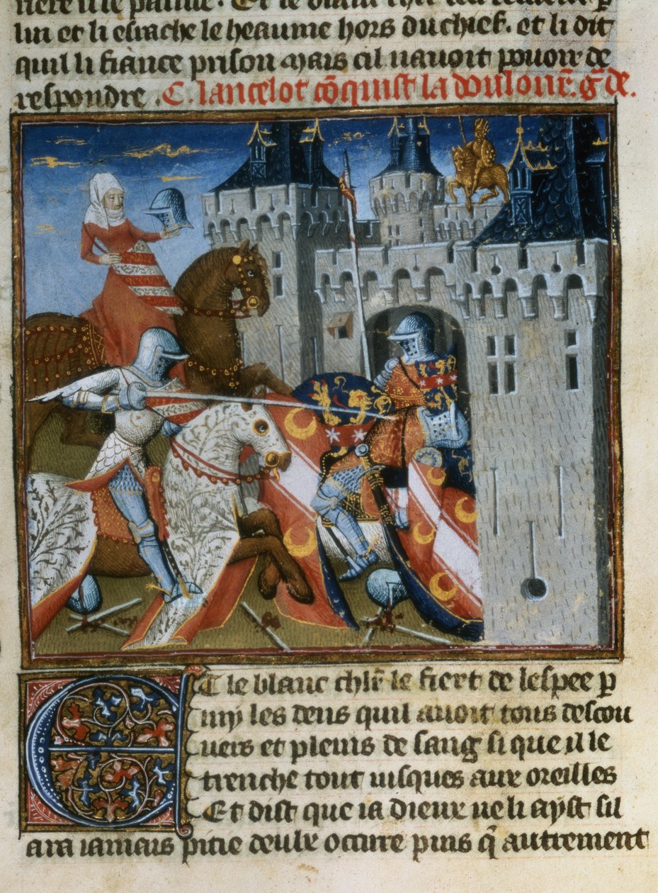 Senhorita 118 f.189v Sir Lancelot captura Dolorous Garde com a ajuda de um novo escudo dado a ela pela Dama do Lago, do Livre de Messire Lancelot du Lac de French School