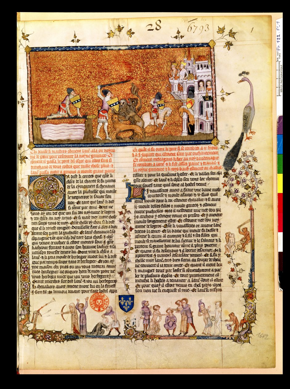 Ms.Fr 122 f.1 Sir Lancelot atravessa a Ponte da Espada, da Roman de Lancelot du Lac, 1344 de French School