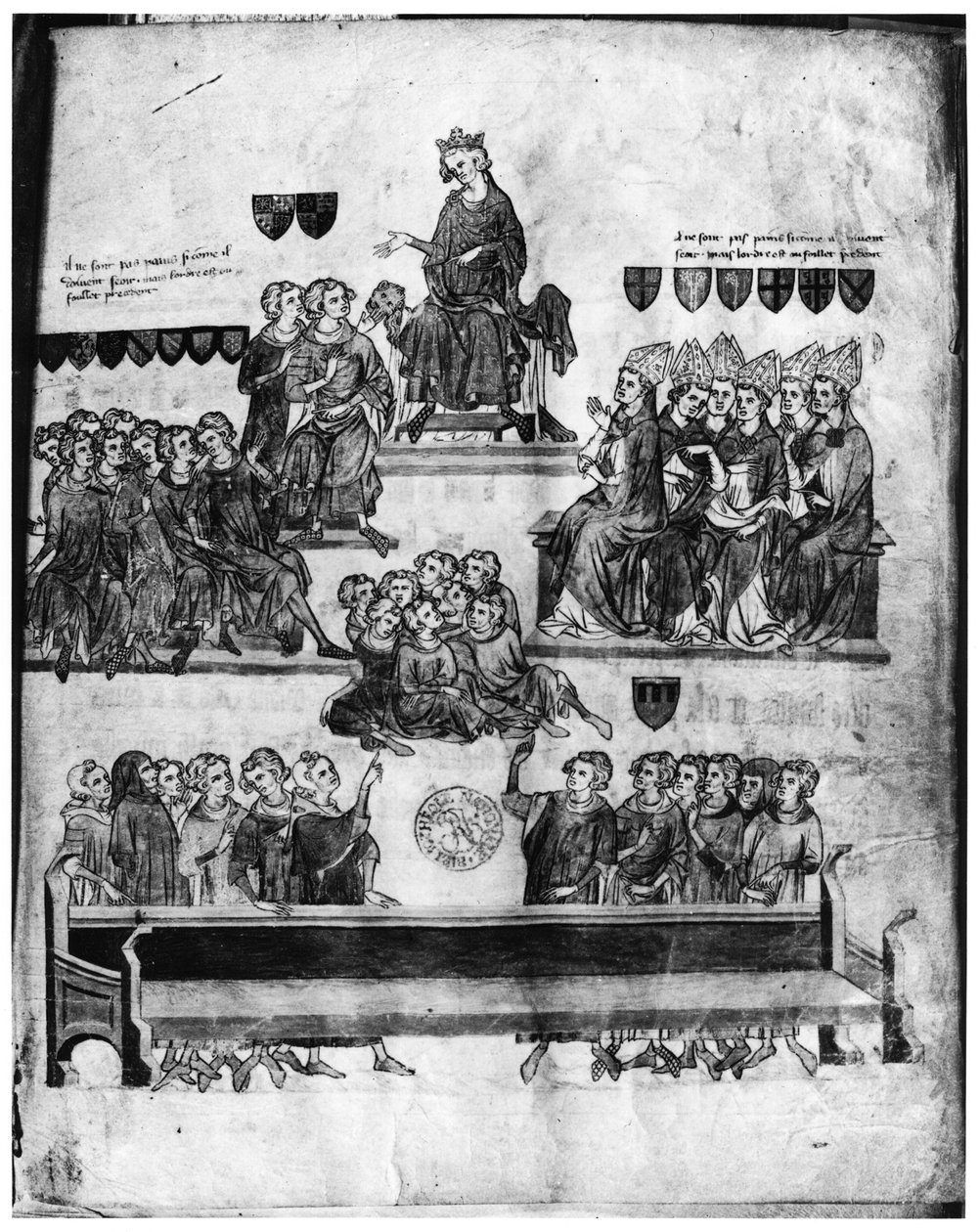 Ms.Fr. 18437 fol. 2 O Tribunal dos Pares presidido por Philippe VI (1293-1350) de Procés de Robert III dArtois (1287-1342), conde de Beaumont, 1336 (ver também 85900) de French School