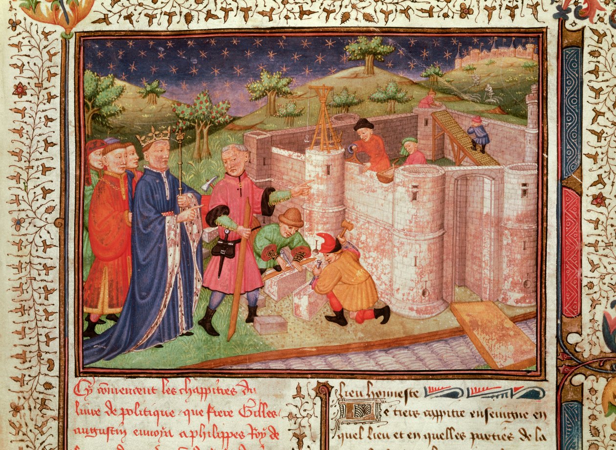 Ms 1015 fol.1 Construção de um castelo, do governo dos reis e príncipes de French School