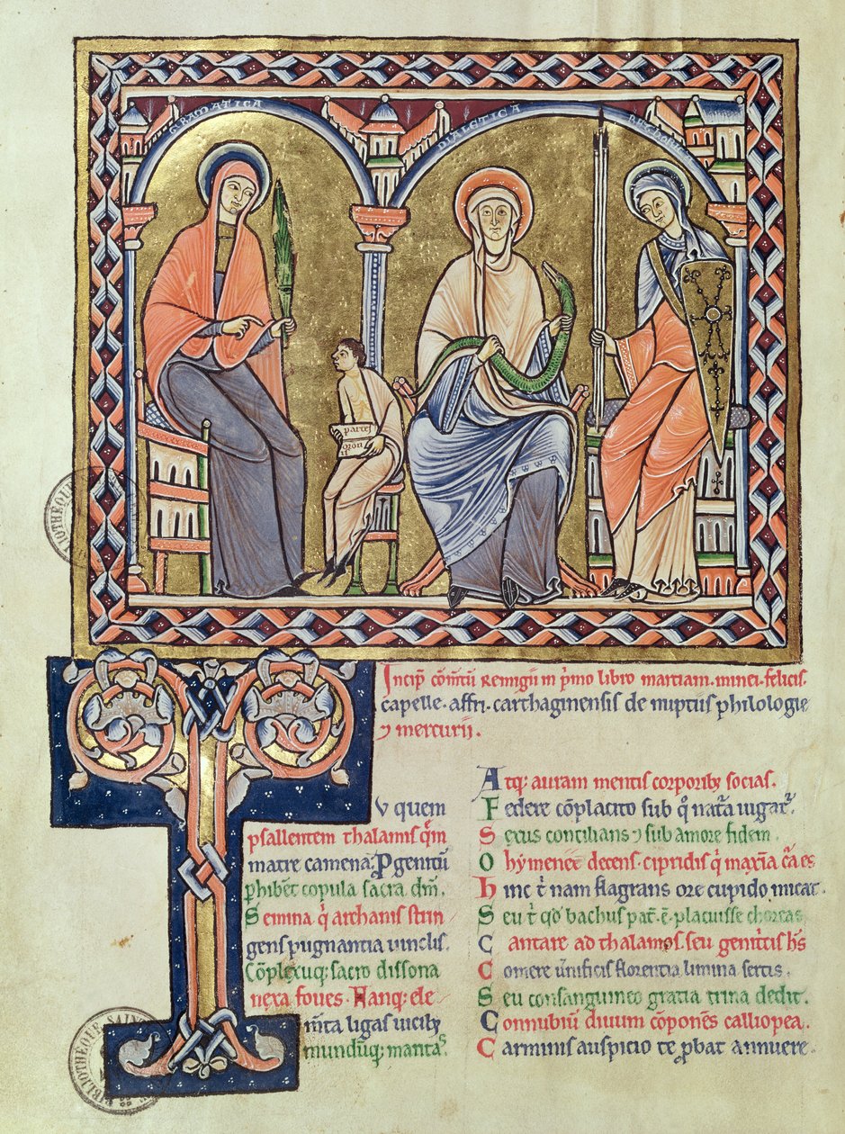 Ms 1041 f.1v Gramática, dialeto e retórica de Satyricon por Martianus Capella, c.1200 de French School