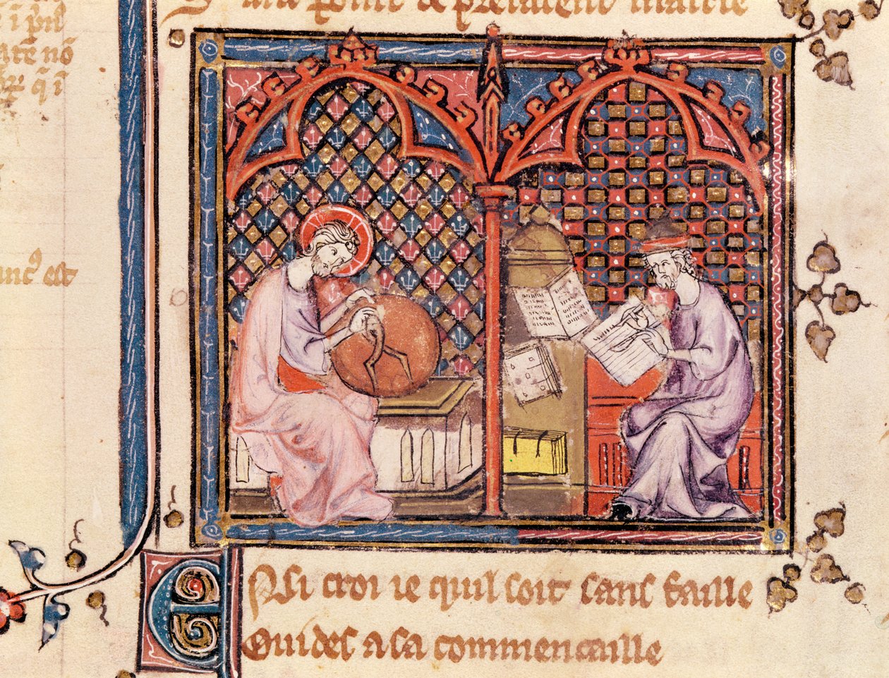 Ms 1044 Fol.16v A Palavra, Criador do Mundo e O Autor Escrevendo Seu Livro, de Ovide Moralise escrito por Chretien Legouais de French School