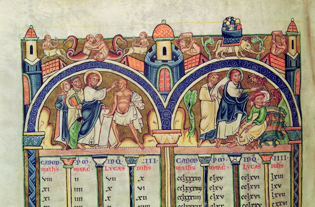 Ms 10 f.128v Cânon dos Evangelistas, detalhe representando Cristo curando o homem com hidropisia e expulsando demônios de um homem possuído, de uma Bíblia em latim de French School