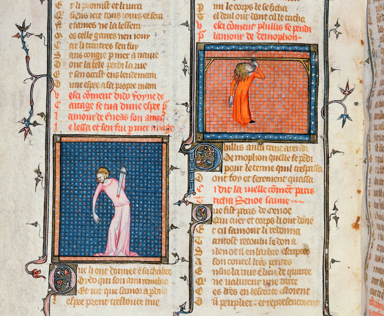 Ms 1126 O Suicídio de Dido pela espada e o suicídio de Phyllis por enforcamento, de Le Roman de la Rose por Guillaume de Loris e Jean de Meung, c.1360-70 de French School