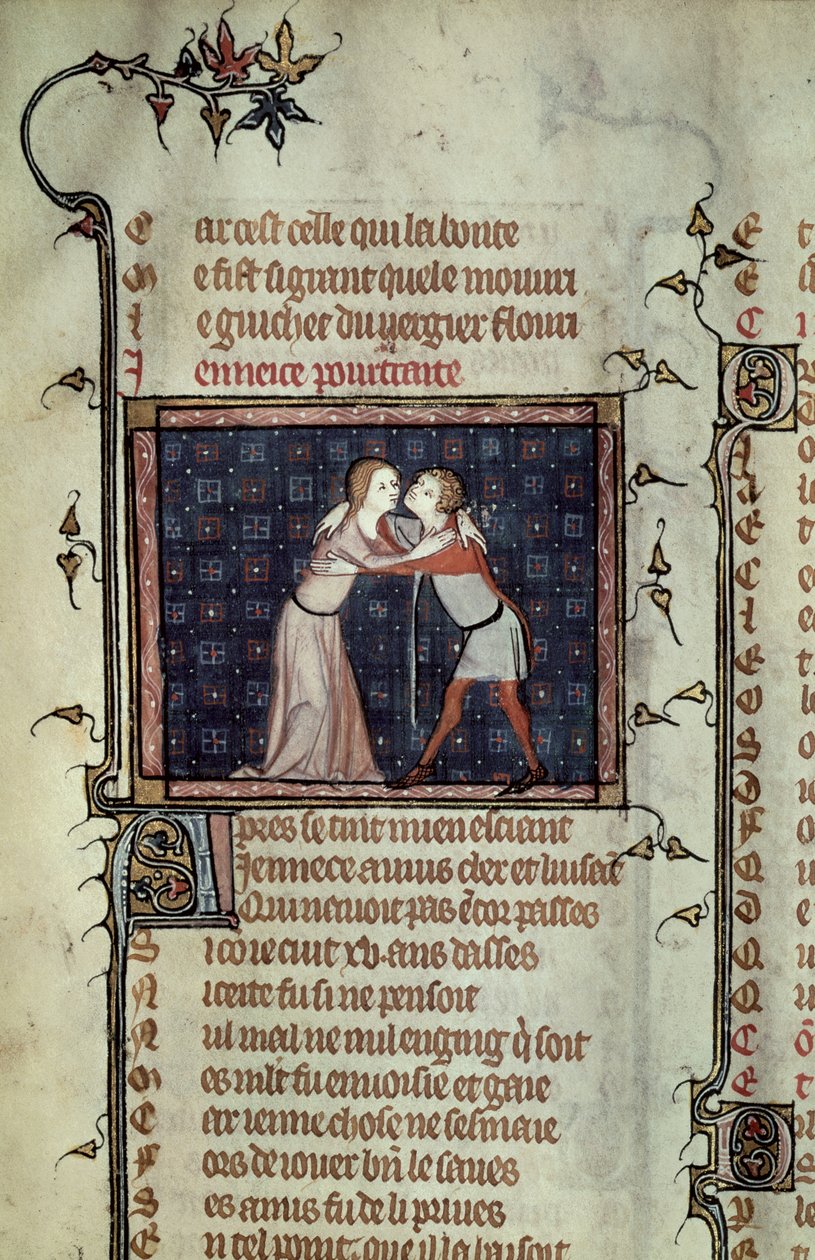 Ms 1126 fol.8r Youth and Love Embracing, de Le Roman de la Rose por Guillaume de Loris e Jean de Meung de French School