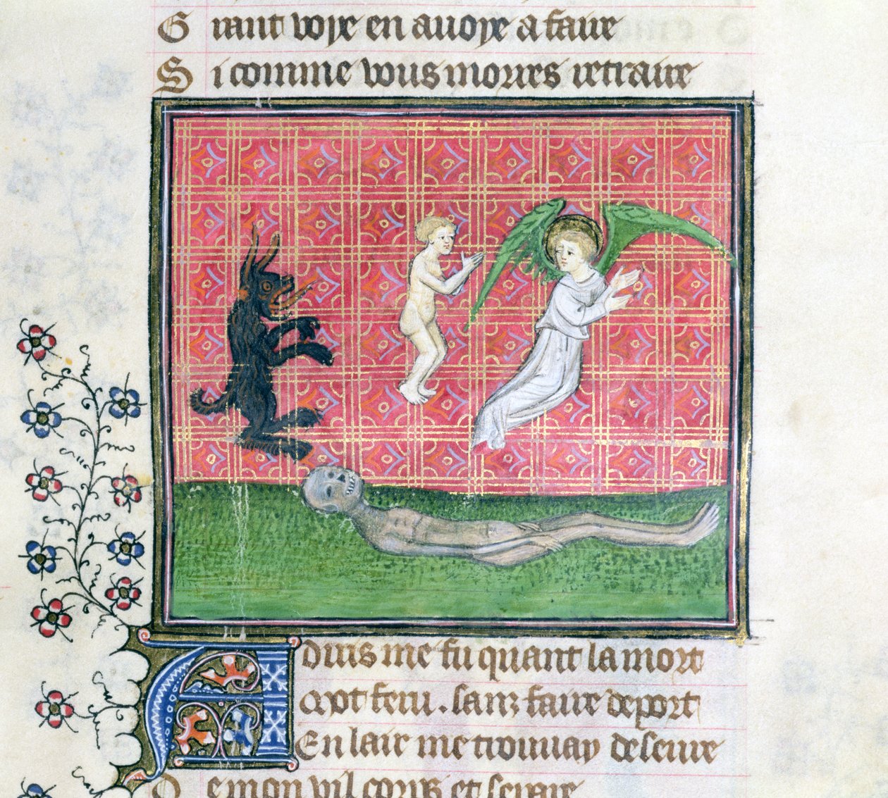 Ms 1130 Soul deixando o corpo acompanhado por um anjo, miniatura do Livro das Propriedades das Coisas por Barthelemy lEnglish de French School