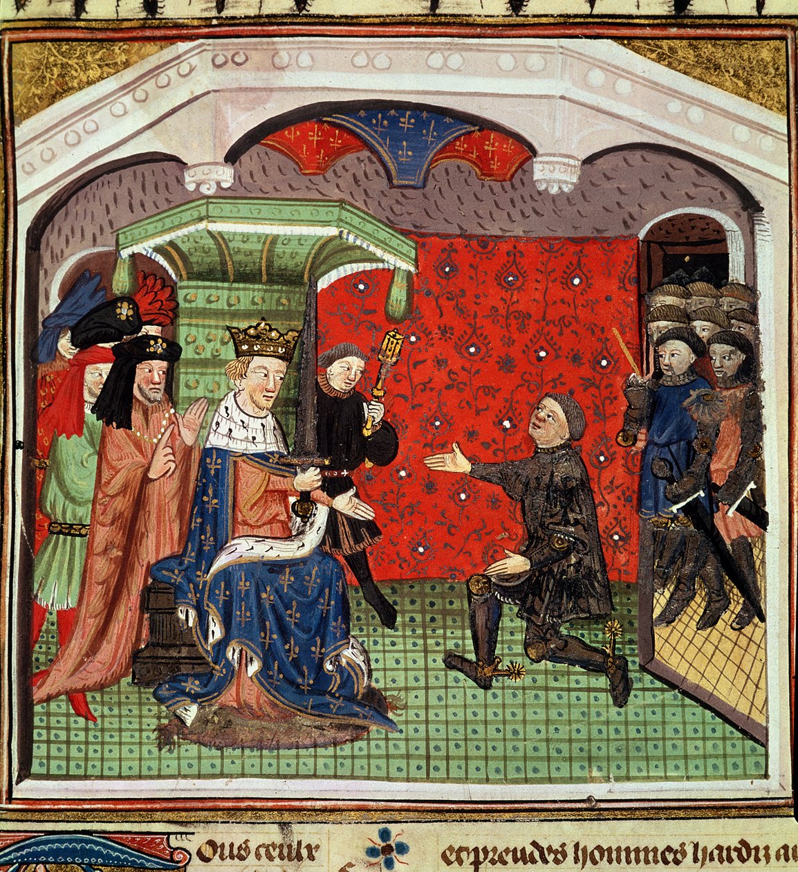 Ms. 1142 fol.4 Bertrand du Guesclin (c.1320-80) antes de Charles V (1338-80) e seu tribunal de French School