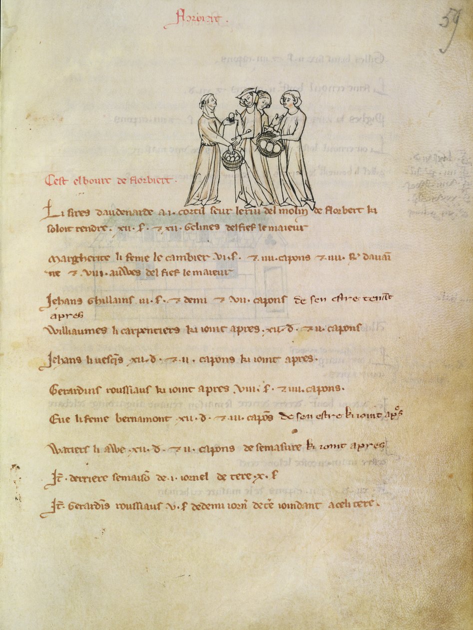 Ms 1175 f.59r Women Buying Eggs, de Vieil Rentier dAudenarde, 1291-1302 de French School