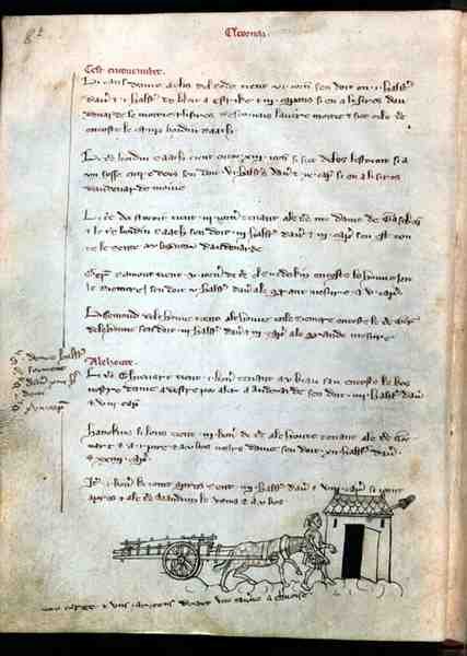 Ms 1175 f.8v Fazendeiro com seu cavalo e carroça, de Vieil Rentier dAudenarde, 1291-1302 de French School