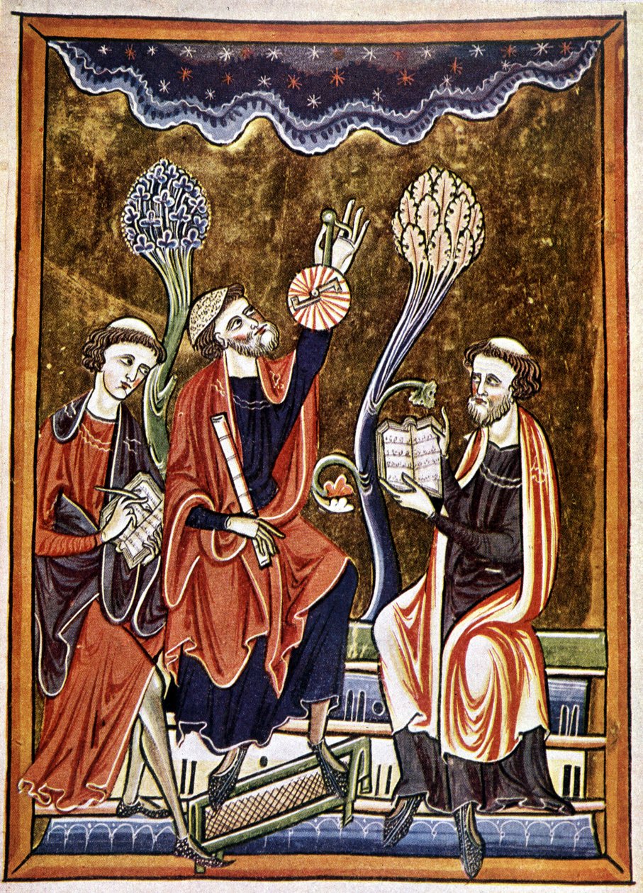 Ms 1186 f.1, The Astronomer, the Clerk and the Computist, facsimile of a miniature taken from the Book of Psalms (Psalter) of St. Louis and Blanche de Castile de French School