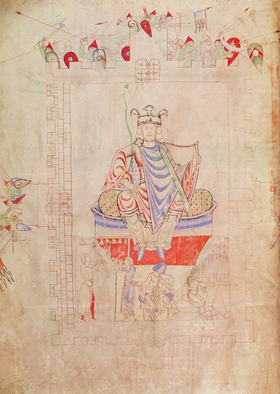 Ms. 1215 t.3 fol.13v Rei Davi em majestade no centro de Jerusalém, 1109 de French School