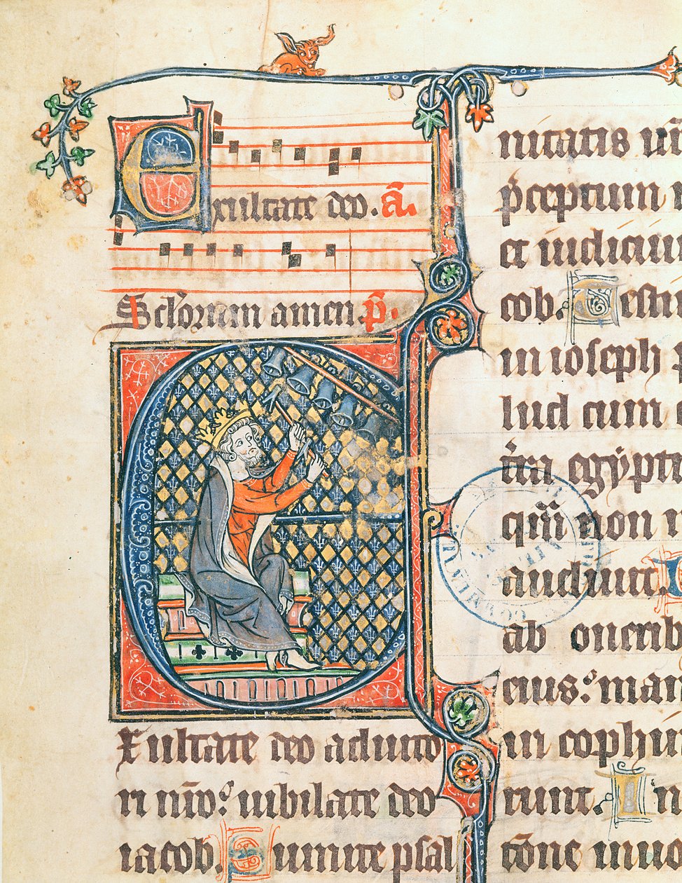 Ms 124 f. 83 Historiated inicial representando o rei David, jogando um carrilhão, ilustração de um saltério de French School