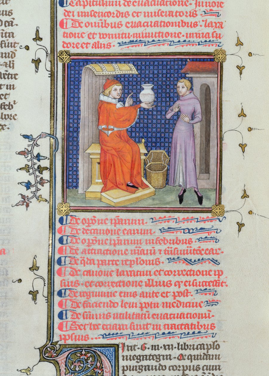 Ms 126 fol.200v Um médico realizando uma análise de urina, de um manuscrito de Rhazes (Ibn Zakariya) (860-c.923) de French School