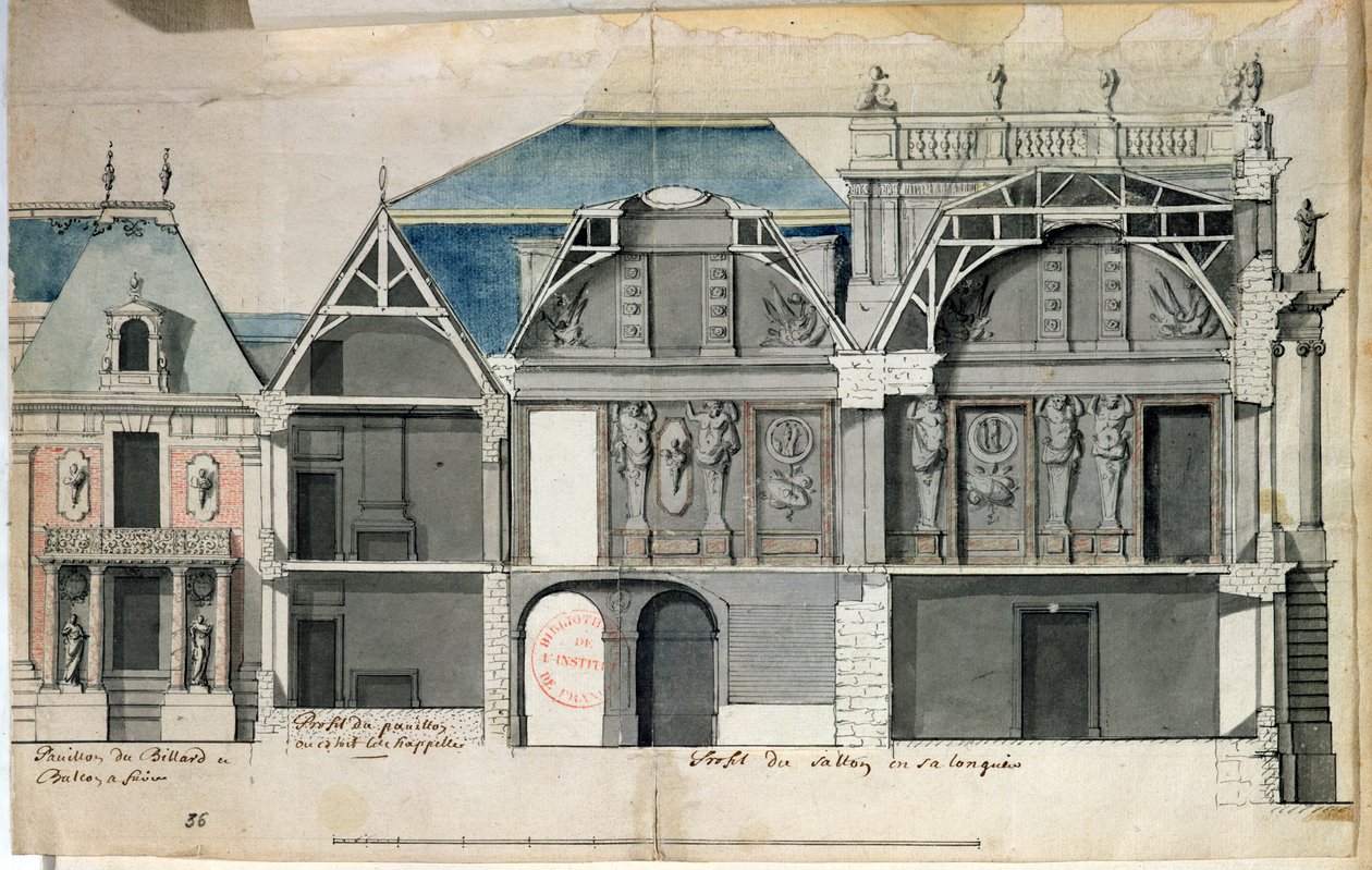 Ms 130736 Secção transversal de uma ala do castelo de Versailles construído por Louis Le Vau ((1612-70) (wc no papel) de French School