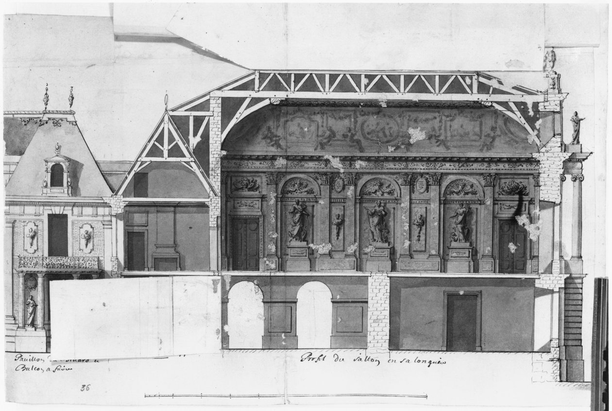 Ms 130736 Seção transversal sul-norte do Grand Salon e da Salle de Diane do castelo de Versailles construída por Louis Le Vau ((1612-70) (wc no papel) de French School