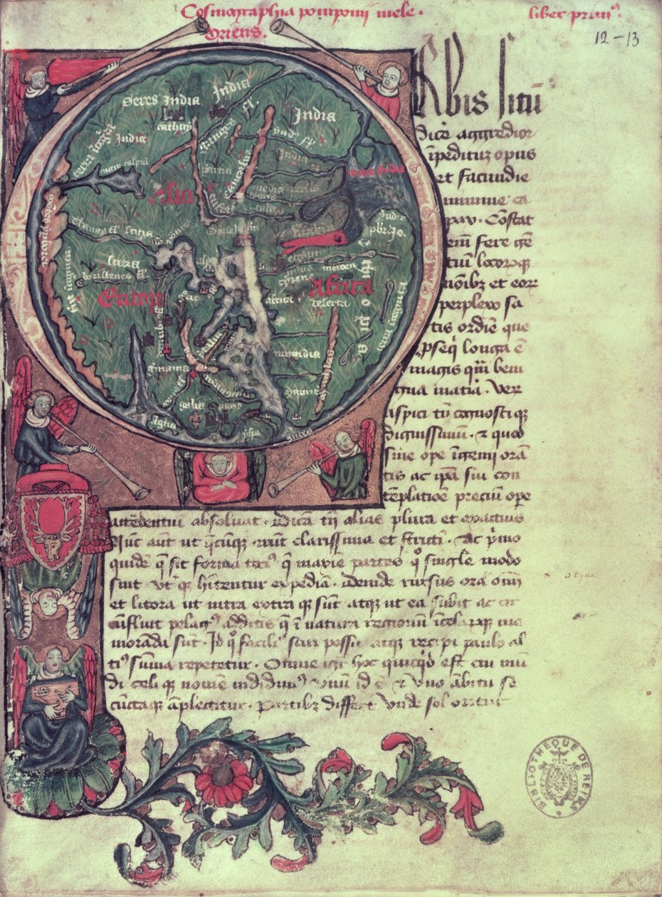 Ms 1321 fol.12 Historiated rubrica &39;O&39; que descreve a Terra, a partir da Situação Mundial "por Mela (fl.c.50 AD) 1418 de French School