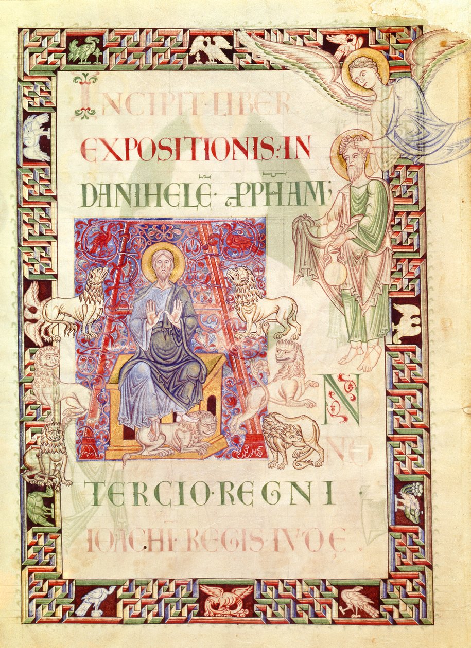 Ms 132 f.2v Daniel no Lions Den Fed por Habakkuk, de Explanatio in Prophetas et Ecclesiasten por St. Jerome de French School