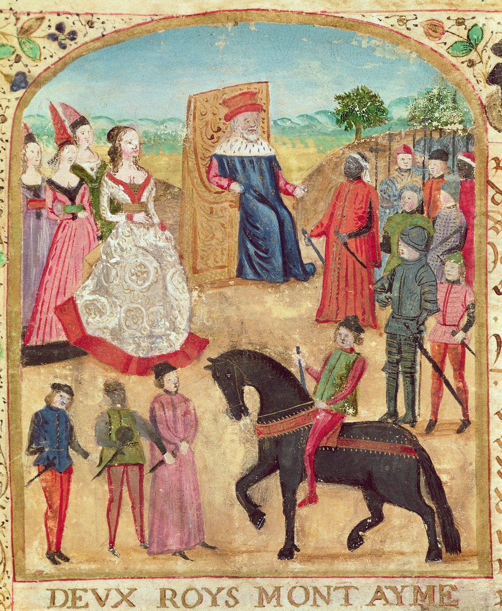 Ms 1335 f.1 Margaret of York é apresentada ao seu futuro marido, Charles the Bold, em 27 de junho de 1468 em Damme de French School
