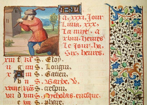 Ms 134 Dezembro: Abate de um porco, de um livro de horas de French School