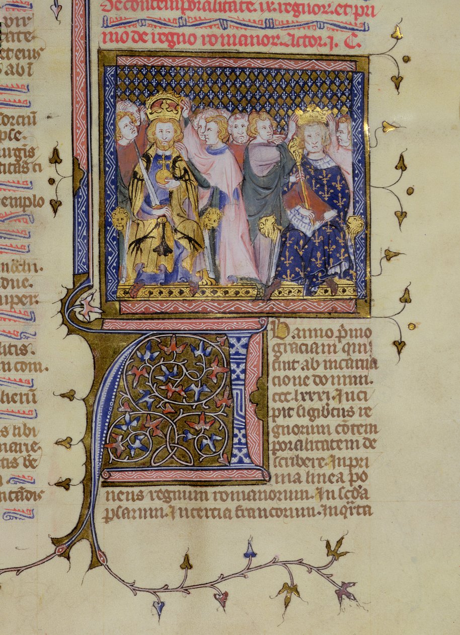 Ms 13. fol 232 Coroação de Luís IX (121415-70) e provavelmente de Frederico II (1194-1250), de um Saltério de Pierre Lombard, início do século XV de French School