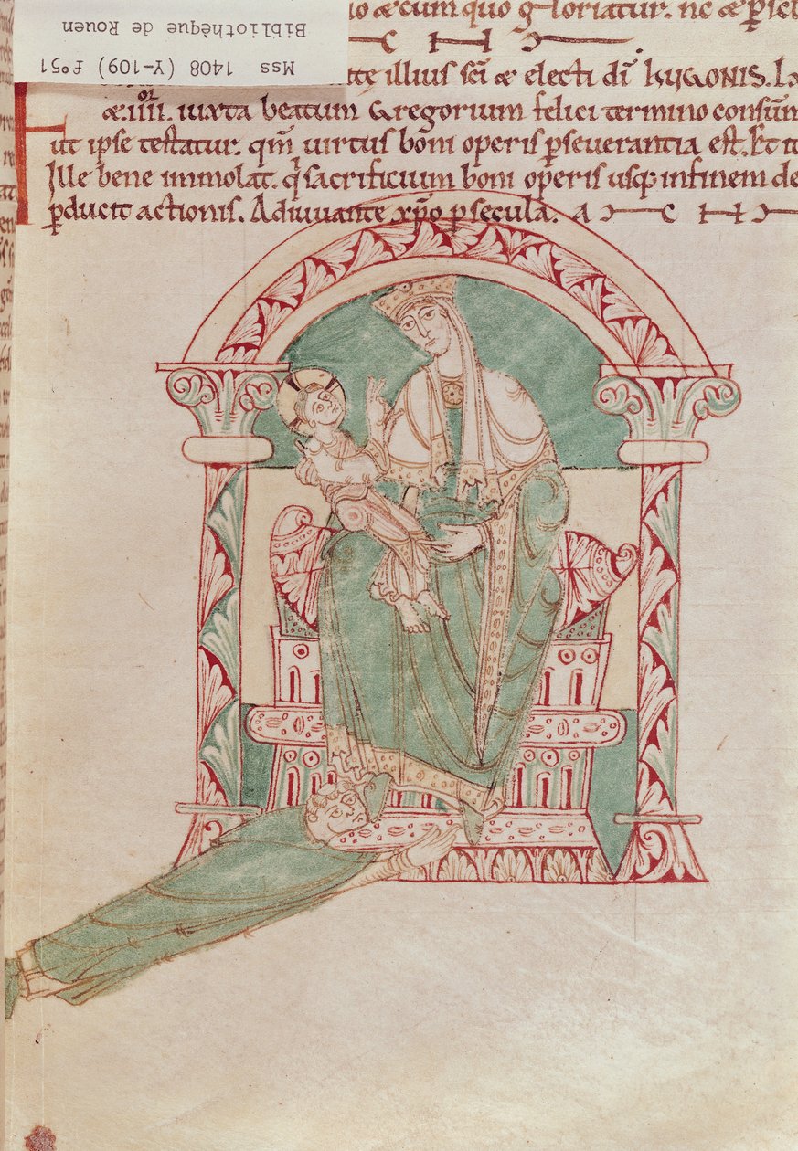 Ms 1408 fol.51 Virgem e Criança com São Gregório Magno (540-604) de Sermons et Vies de Saints de French School