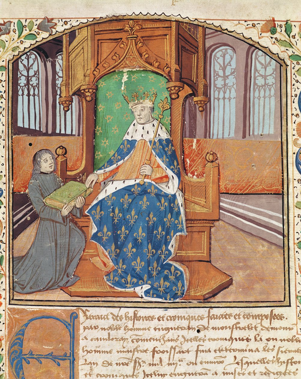 Ms 1468 fol.1 O autor oferece seu livro ao rei Carlos VII, de Les Chroniques de Monstrelet de French School