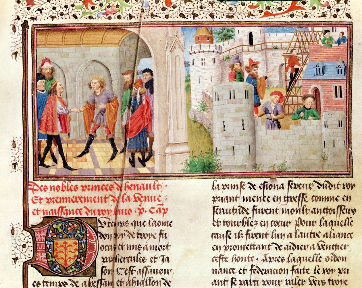 Ms 149 t.1 fol.16 Um Acordo e a Construção de um Castelo, da Histoire des Nobres Princes de Hainaut, por Jacques de Guise de French School