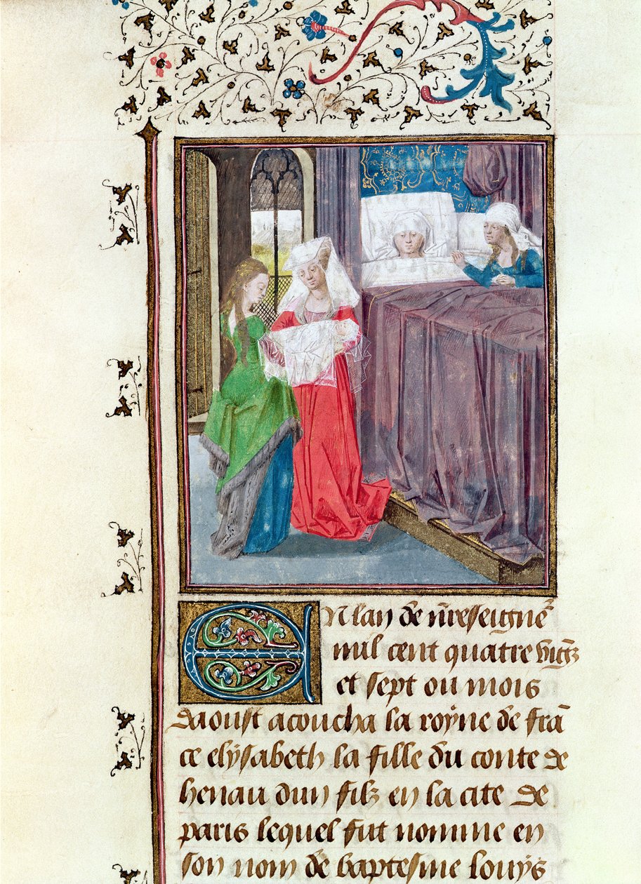 Ms 149 t.3 f.119 O nascimento de Louis (1187-1226) em 1187, da história dos nobres príncipes de Hainaut, por Jacques de Guise de French School