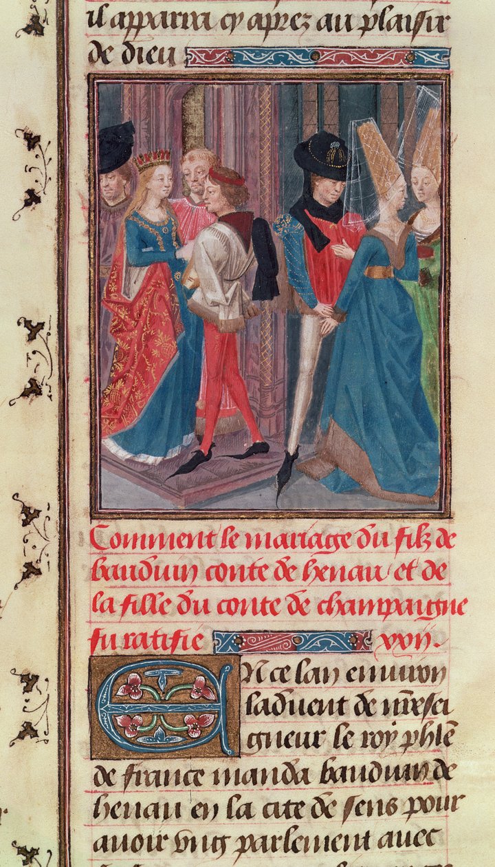 Ms 149 t.3 fol.105 Casamento de Baldwin VI e Marie, filha do Conde de Champagne, da Histoire des Nobres Princes de Hainaut, por Jacques de Guise de French School