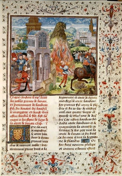 Ms 149 t.3 fol.172 A sucessão de Baldwin VI após a morte de seu pai, Histoire des Nobres Princes de Hainaut, por Jacques de Guise de French School