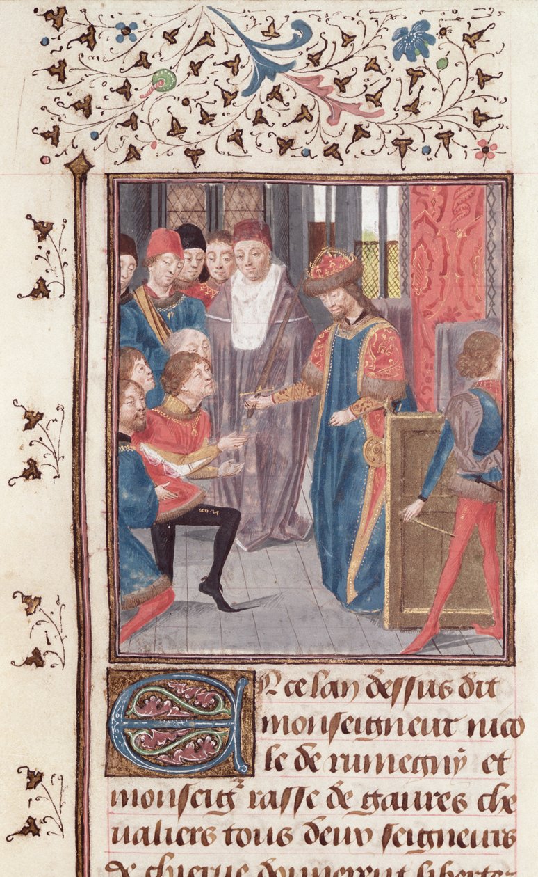 Ms 149 t.3 fol.95v Nomeação de dois cavaleiros, da história dos nobres príncipes de Hainaut, por Jacques de Guise de French School