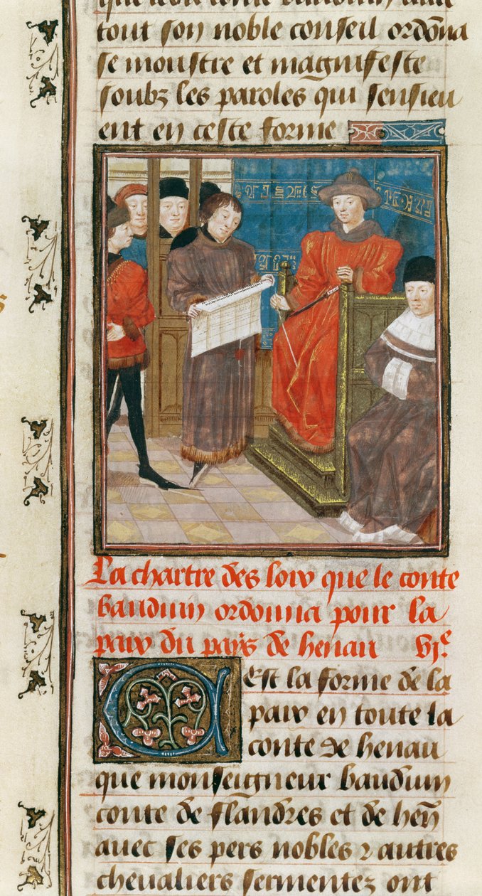 Ms. 149t.3 fol.175 v Carta das Leis que Contam Baudouin VI de Hainault Ordens para a Paz do País de Hainault de French School