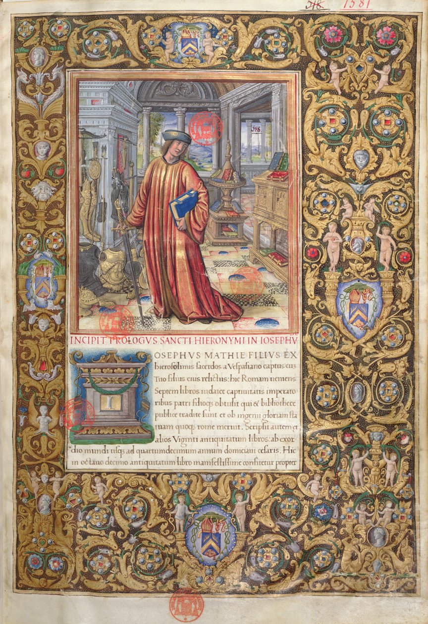 Ms. 1581 f. 001 Flavius Josephus em seu estudo, ilustração para o prólogo das antiguidades dos judeus (Antiquitates Judaicae) por Flávio Josefo, c.1503 de French School