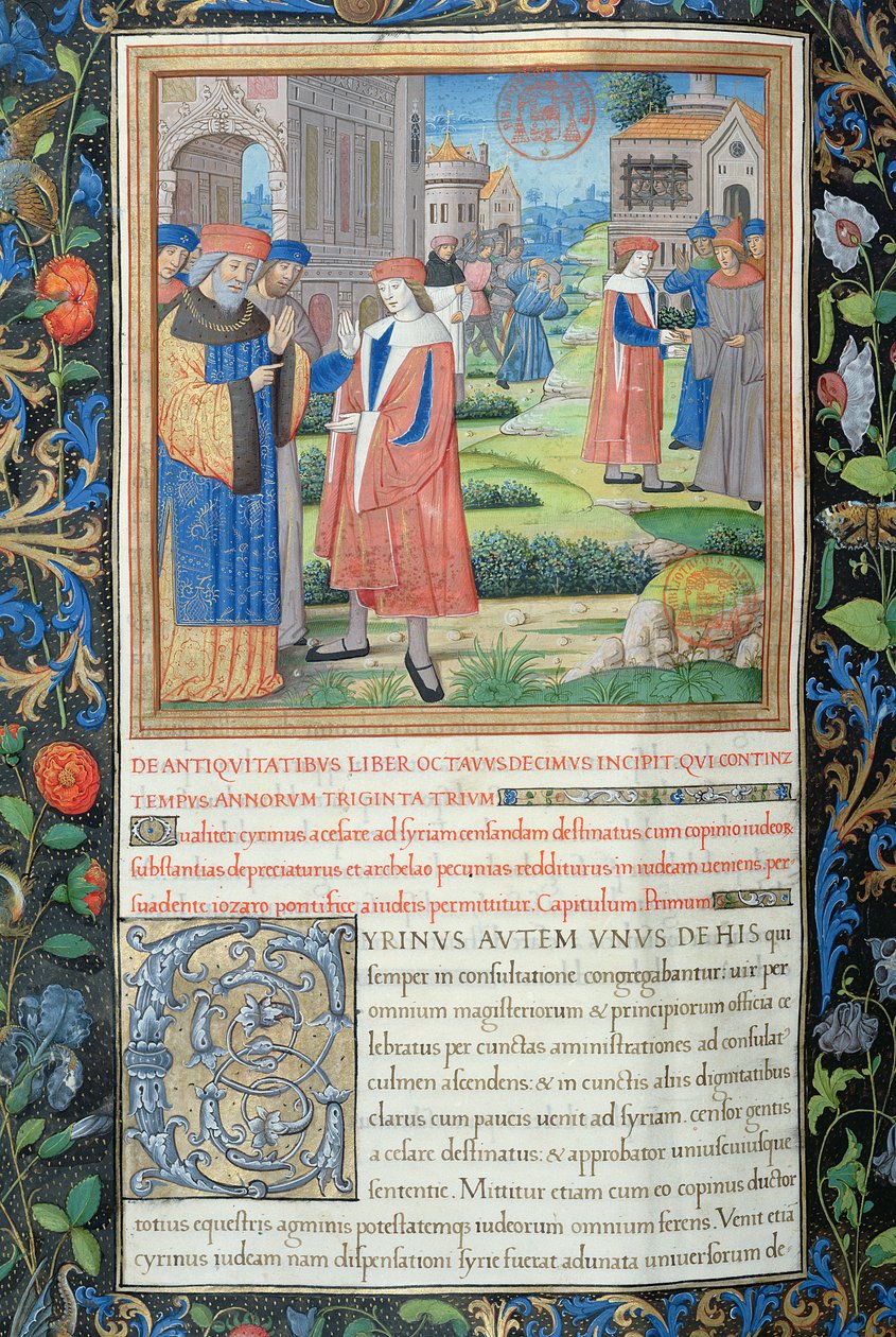 Ms. 1581 f. 349v Ilustração do Livro XVIII (Do Banimento de Arquelau à Partida dos Judeus da Babilônia), Capítulo 1 das Antiguidades dos Judeus (Antiquitates Judaicae) de Flavius de French School