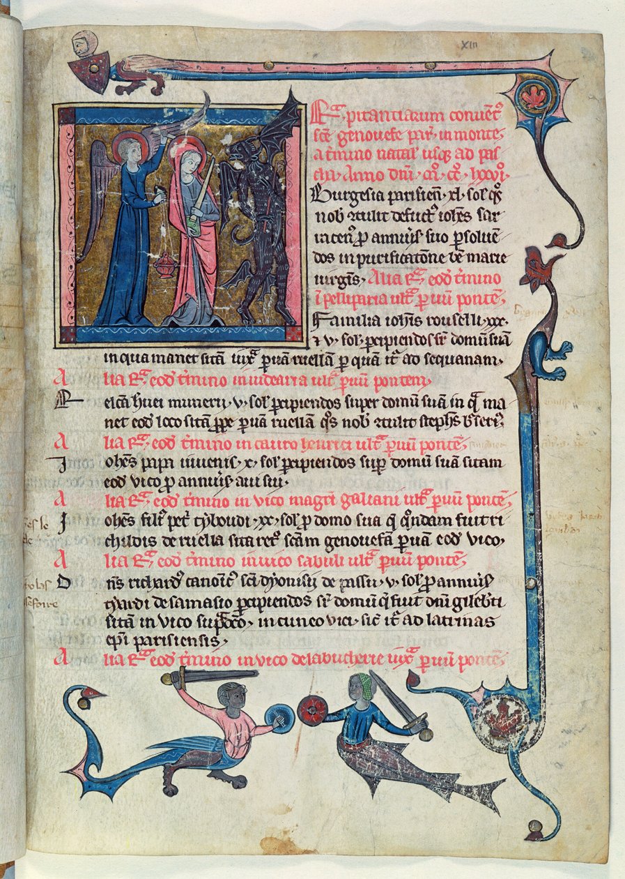 Ms 16261 fol.13v St. Genevieve lutando contra um demônio com a ajuda de um anjo, do Censier de l&39;Abbaye Sainte-Genevieve de French School
