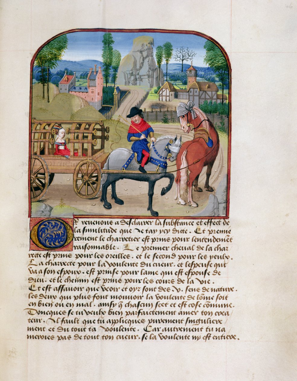 Ms 165 fol.46r Senhora em uma carroça coberta puxada por dois cavalos, de lInstruction dun Jeune Prince por Rene dAnjou, c.1465-68 de French School