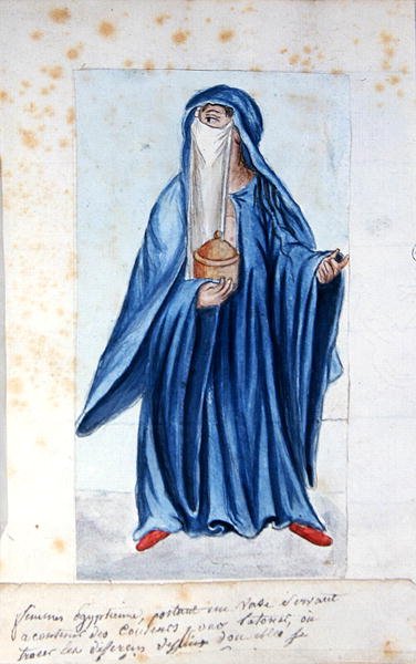 Sra. 1688 Mulher egípcia segurando um vaso contendo pigmentos de tatuagem de French School