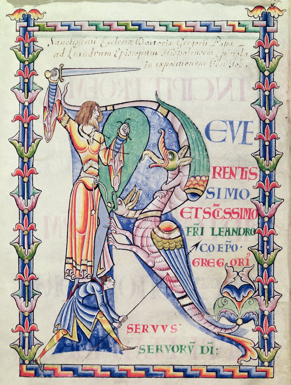 Ms 168 f.4v Historiated R inicial representando um cavaleiro que luta contra um dragão, de Moralia em Jó pelo Papa Gregório Magno de French School
