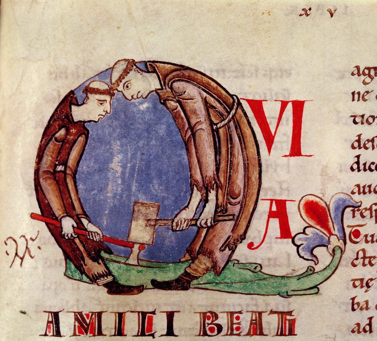Ms 170 fol.59 Historiated Q inicial mostrando monges cortando madeira, de Moralia in Job pelo Papa Gregório Magno de French School
