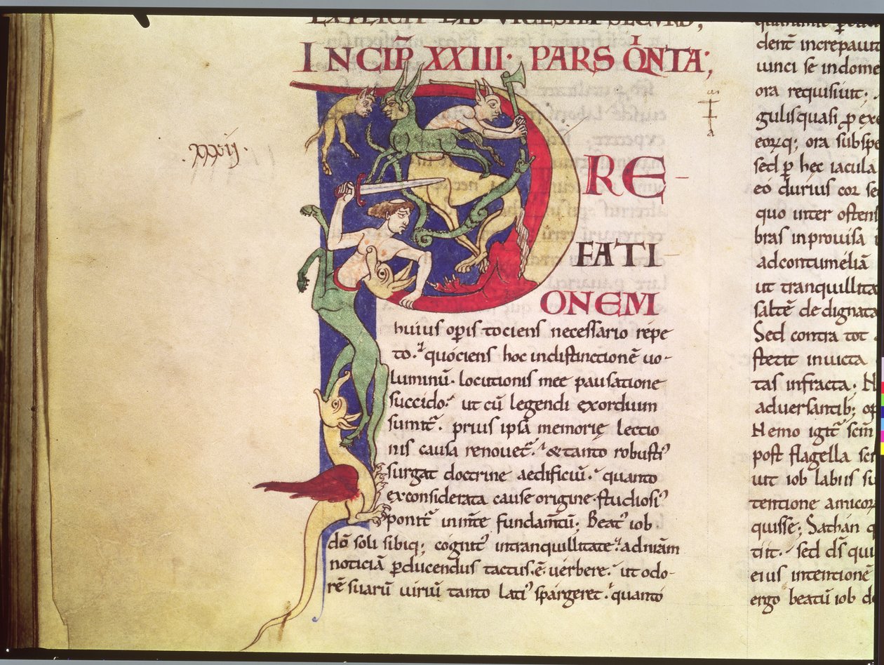 Ms 173 Historiated P inicial representando centauros, dragões e monstros, de Moralia in Job pelo Papa Gregório Magno de French School