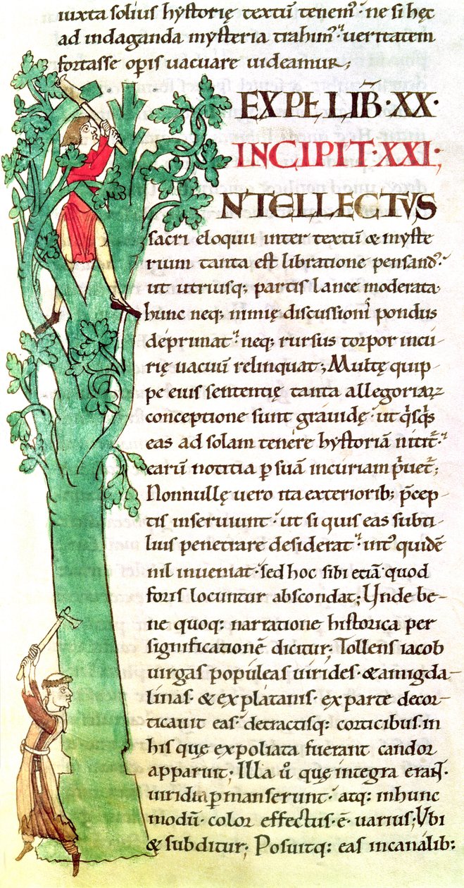 Ms 173 f.41 Historiated inicial eu retratando um monge e um leigo corte e poda de uma árvore, de Moralia in Job pelo Papa Gregório Magno de French School
