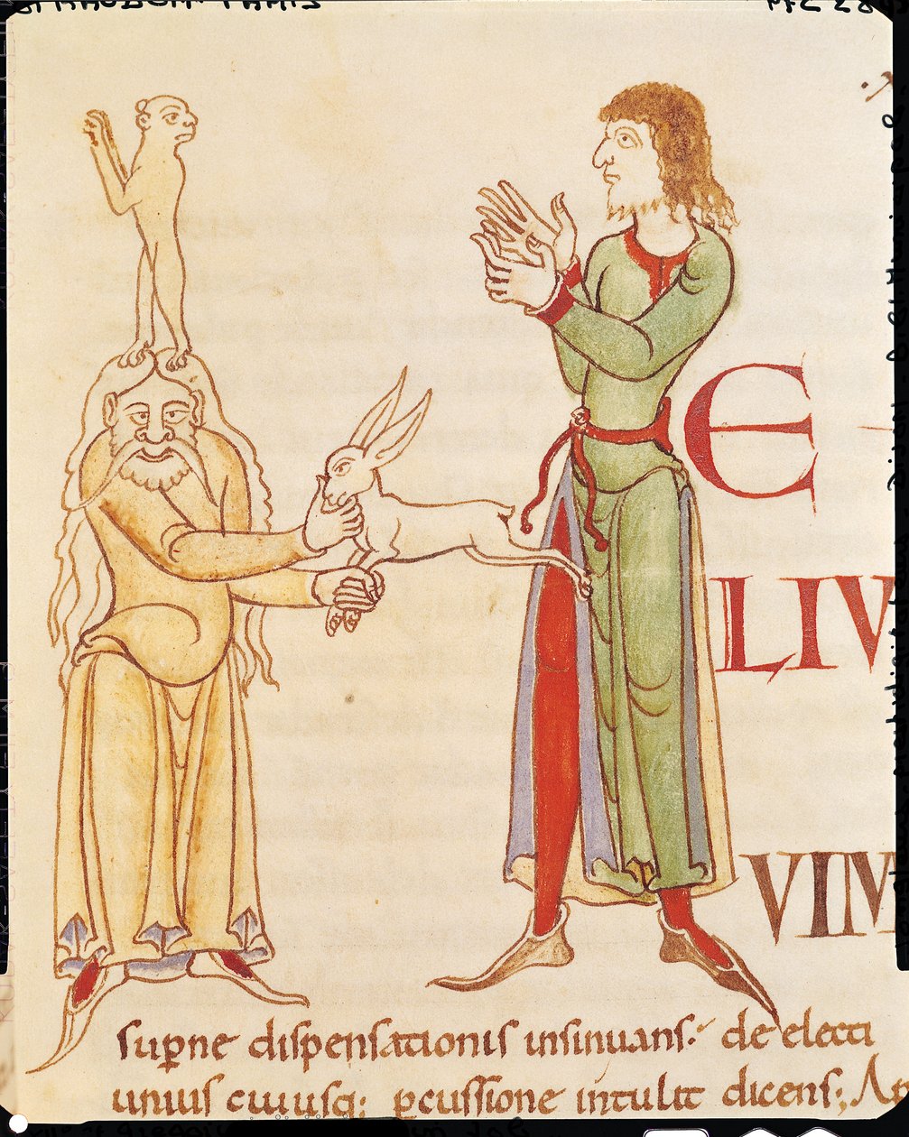 Ms 173 f.66r Inicial H na forma de dois conjuradores, de Moralia in Job pelo Papa Gregório Magno, Escola da Borgonha de French School