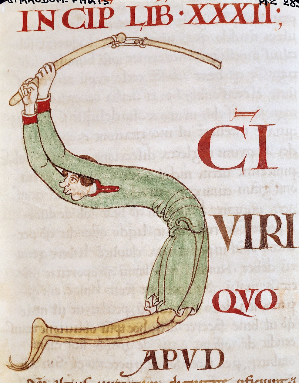 Ms 173 fol.148r Historiated S inicial representando um homem debulha, de Moralia in Job pelo Papa Gregório Magno de French School