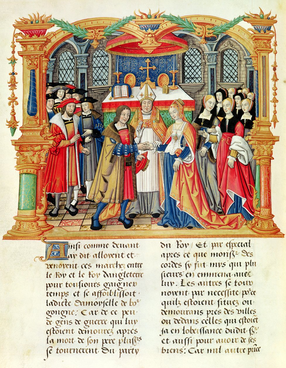 Ms 18 f.185v Casamento de Maria da Borgonha e Maximiliano I, Imperador da Áustria, das Memórias de Filipe de Commines (1445-1509) de French School