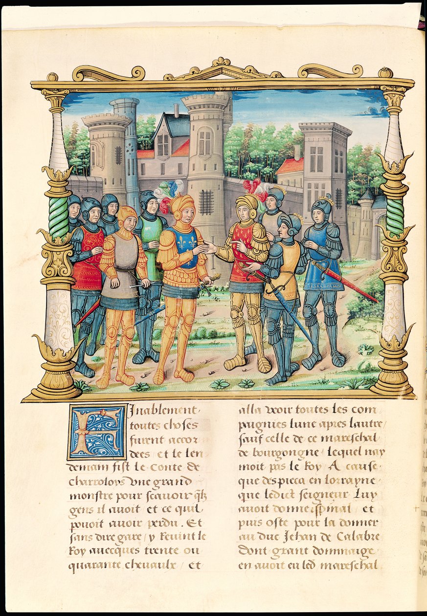 18 f.32v O Tratado de Conflans entre Luís XI e Carlos, o Negrito, Duque de Borgonha, outubro de 1465, a partir das Memórias de Filipe de Commines (1445-1509) de French School