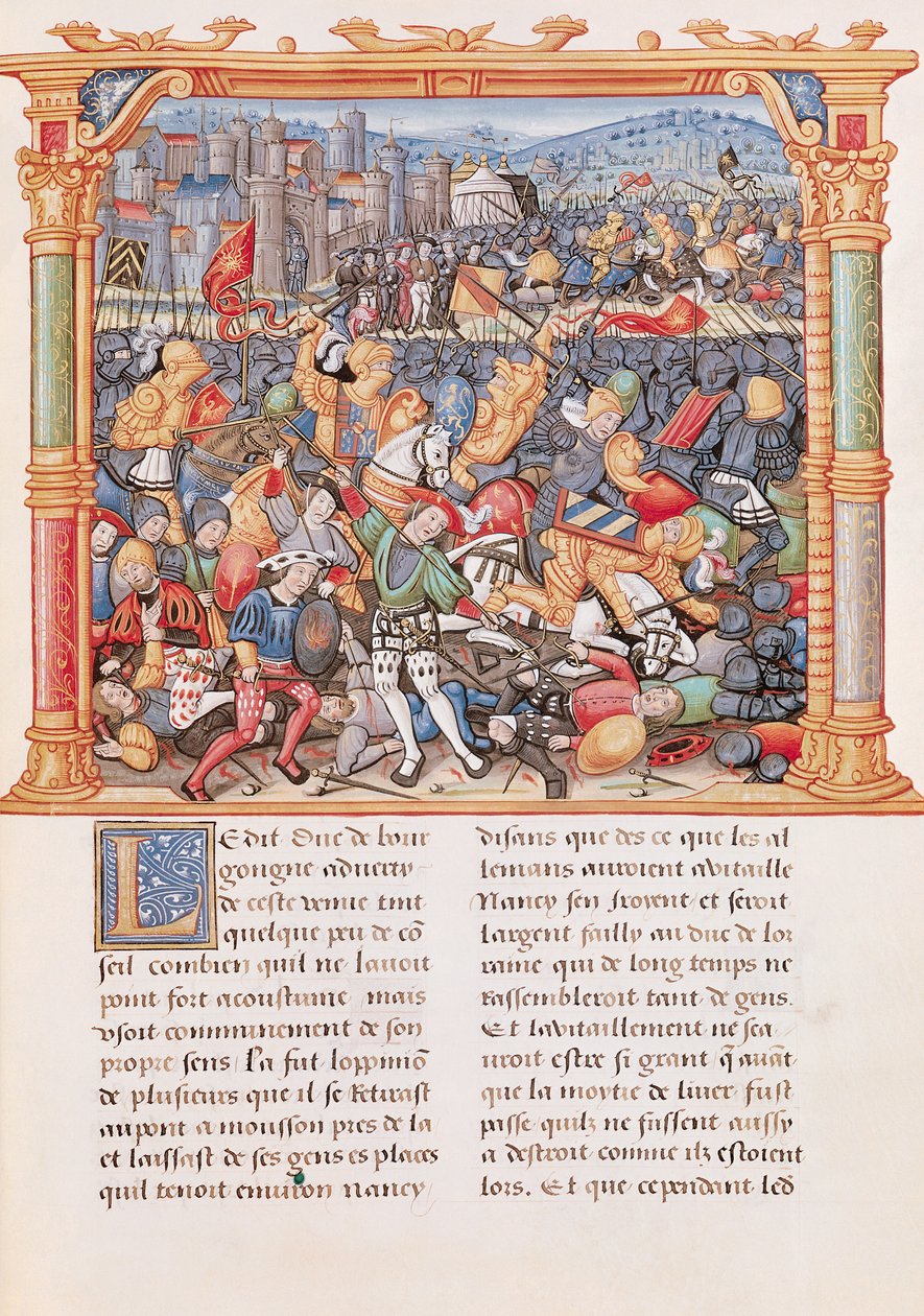 Ms 18 fol.150r Batalha de Nancy em 1477, das Memórias de Philippe de Commines de French School